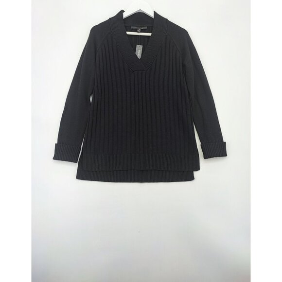 White House Black Market Sweaters - WHBM Women's  LS Mixed Rib Vnk Tunic Black Knit Size M